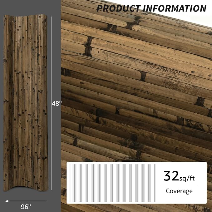 Art3d Natural Bamboo Wall Panel for Interior Wall Decor, Renewable Pole Wrap Wainscoting Paneling for Wall Ceiling Furniture Cabinet Office, 48 x 96 Inch, 2-Pack - Dark Burned