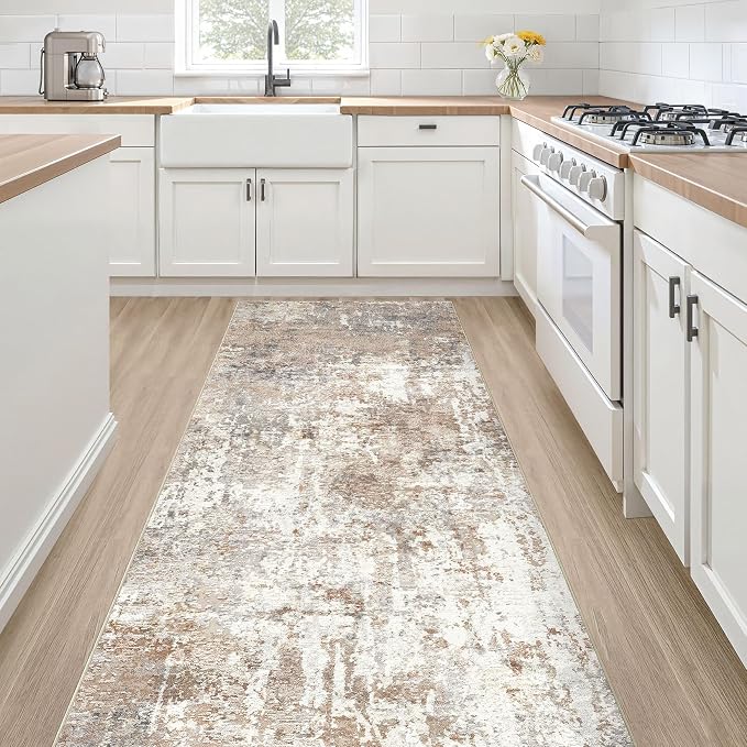 Runner Rug Kitchen Washable Rugs: 2x8 Non-Slip Abstract Soft Modern Stain Resistant Indoor Floor Neutral Accent Throw Carpet for Hallway Bathroom Laundry Room Entryway Bedroom- Brown