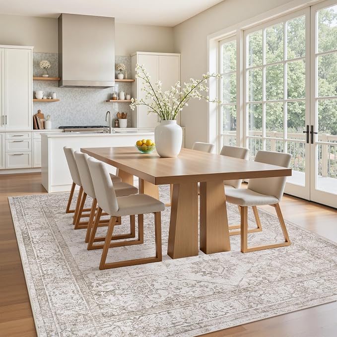 6x9 Area Rugs for Living Room:Beige Washable Vintage Medallion Carpet Non-Slip Soft Low Pile Large Rugs Indoor Retro Rug for Bedroom Nursery Dining Table Office Home(Beige Brown, 6'x9')