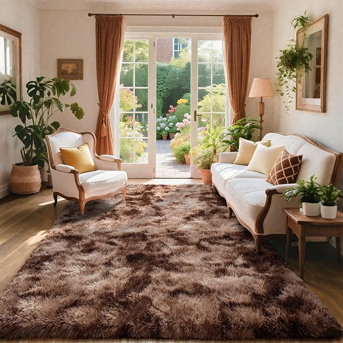 AROGAN Shag Brown Area Rug for Living Room, 5x8 Feet Washable Non-Slip Modern Indoor Floor Carpet, Plush Memory Foam Beside Rug for Kids Girls Teens Room Low Pile Decor, Coffee