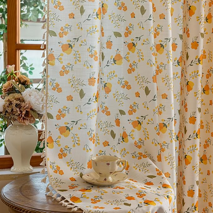 OYX Floral Boho Curtains 2 Panels Short 96 Inch Curtains Patterned Semi Sheer Living Room Drapes Farmhouse Boho Window Curtain Panels with Tassel Beige Rod Pocket Bedroom Drapes