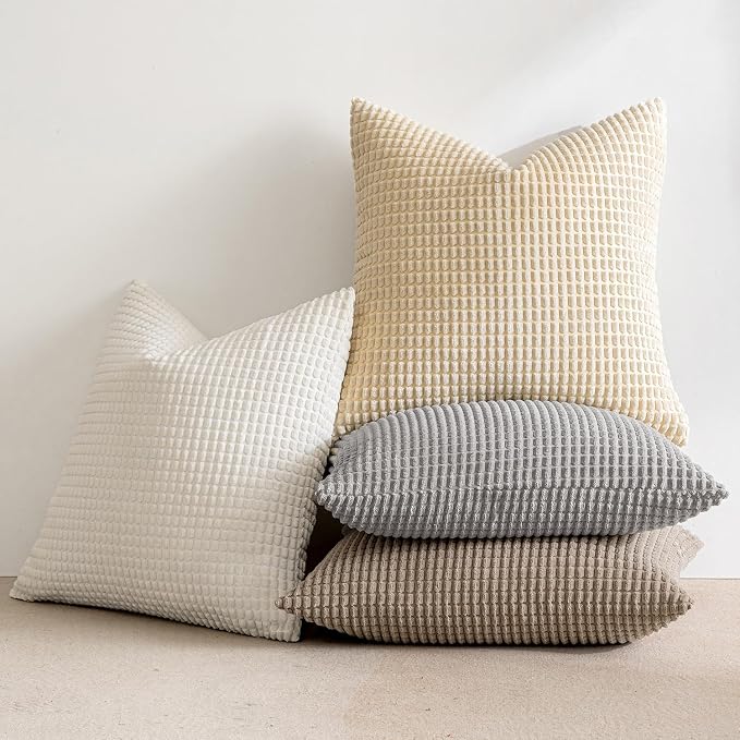 MIULEE Neutral Harmony Decorative Pillow Covers 18x18 Inch Set of 4 | Rustic Farmhouse Boho Soft Throw Pillows Corduroy Couch Pillowcases Nordic Home Decor for Sofa Living Room Bed