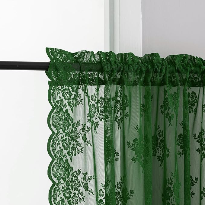 Kotile Dark Green Sheer Curtains 45 Inch Length 2 Panels Set Rustic Floral Froest Hunter Green Short Lace Curtains for Small Windows, Rod Pocket Privacy Sheer Lace Café Curtains, Each 42 x 45 Inch
