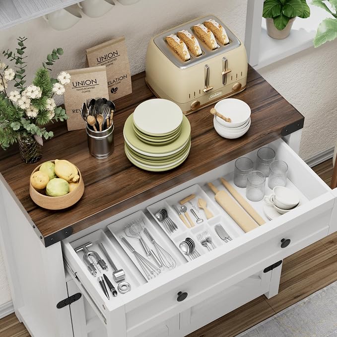 YESHOMY Coffee Bar and Accent Cabinet, Farmhouse Barn Door Buffet Sideboard with Drawer and Adjustable Shelf, Wide Desktop for Kitchen, Dining Room, Bathroom, Entryway, Brown & Rustic White