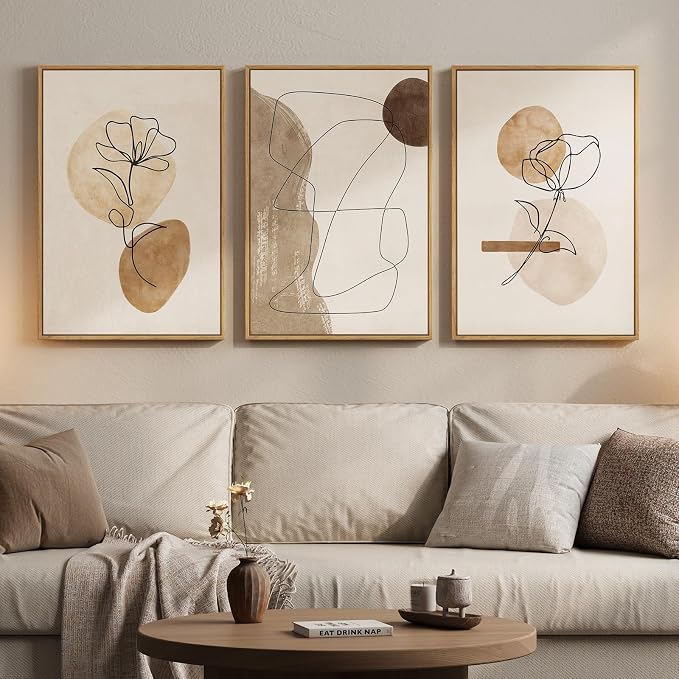 Framed Neutral Abstract Boho Wall Art Bedroom, 3 Piece Brown Black Botanical Minimalist Floral Lines Canvas Artwork for Walls, Modern Bohemian Pictures for Dining Room Living Room Wall Decor, 16x24 In