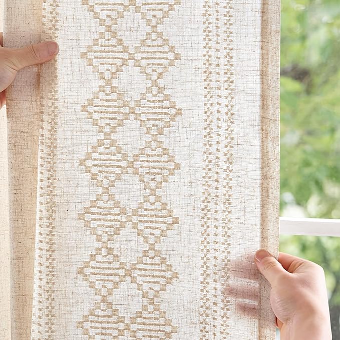 jinchan Boho Curtains Linen Blend Ivory Farmhouse Curtains 96 Inches Long for Living Room Square Embroidered Bordered Back Tab Bedroom Window Light Filtering Bohemian Drapes 2 Panels