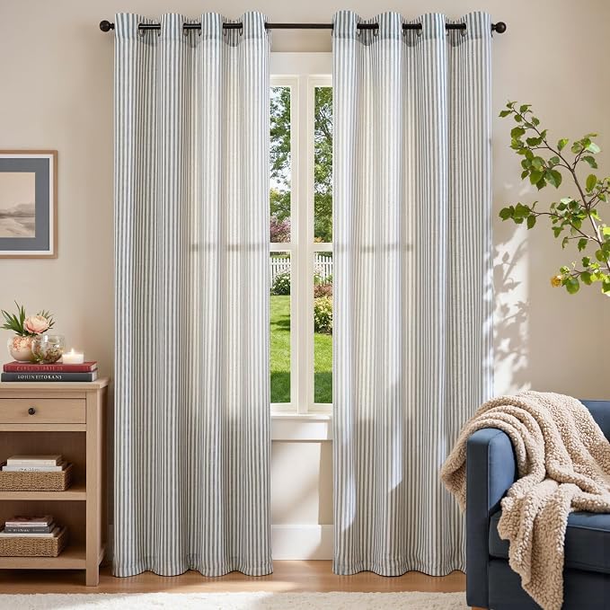 jinchan Linen Curtains for Living Room Blue on Beige Striped Curtains for Bedroom Ticking Stripe Pattern Light Filtering Cottage Core Rustic Grommet Window Treatment 2 Panels 84 inches Long