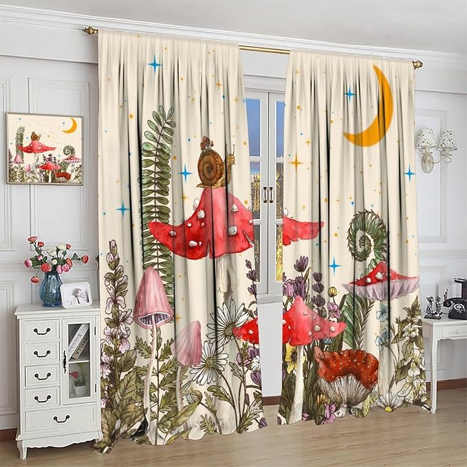 Watercolor Mushroom Curtains, Rustic Vintage Country Red Mushroom Nature Plants Fern Botanical Flowers Moon Stars Blackout Window Curtains for Bedroom Kitchen, 63" W X 63" L