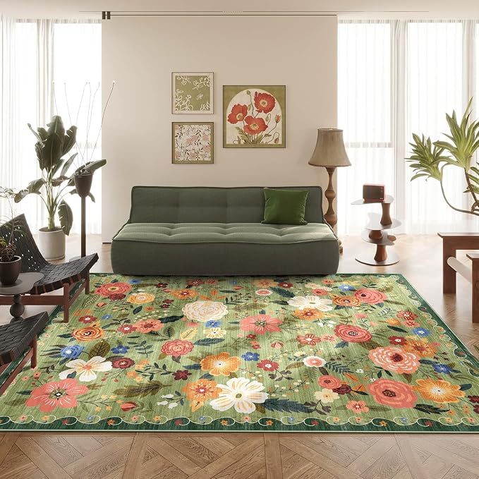 8x10 Washable Area Rug for Living Room, Floral Non-Slip Non-Shedding & Easy Care Light Green Large Soft Low Pile Indoor Floor Carpet for Living Room Bedroom Farmhouse Dining Room Kids Playroom