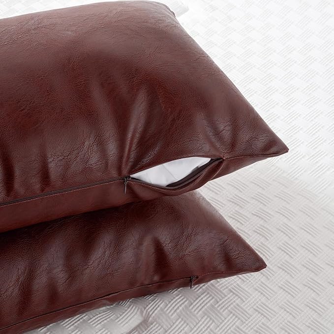 Fancy Homi Burgundy Boho Lumbar Faux Leather Long Body Decorative Throw Pillow Cover 12x40 Inch for Bed Couch Sofa Bench, Thick Stylish Solid Wine Red Pillowcase, Rustic Modern Farmhouse Room Decor
