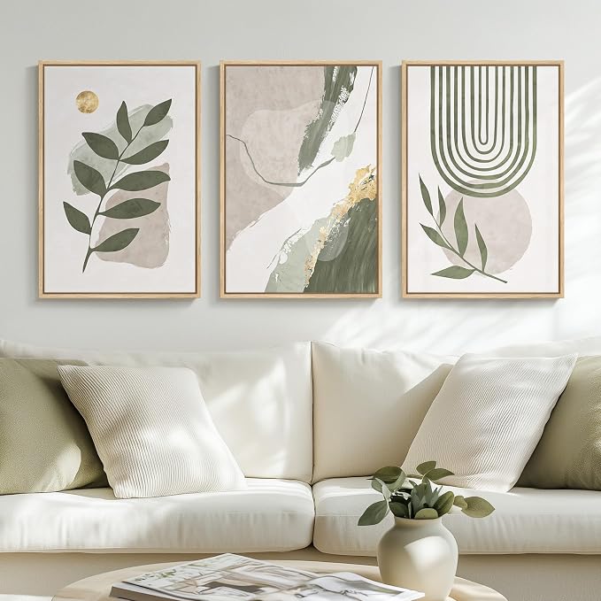 Large Framed Boho Sage Green Abstract Wall Art for Living Room, 3 Piece Leaf Botanical Canvas Artworks Decor, Minimalist Geometric Beige Gold Painting Prints for Dining Room Bedroom Office 16x24 Inch