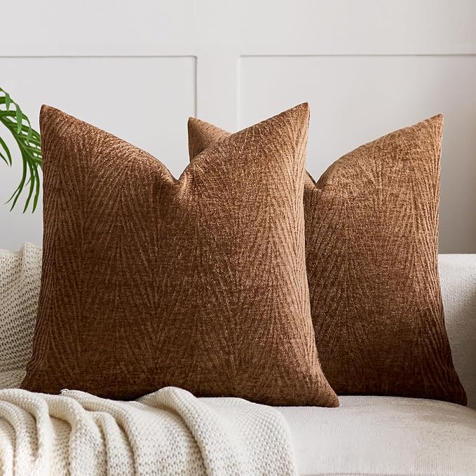 Summer Pillow Covers 18x18 Inch Set of 2, Soft Decorative Throw Pillow Covers with Leaves Texture, Hidden Zipper for Home Sofa Bed Couch (Dark Brown, 18" x 18" (Pack of 2))