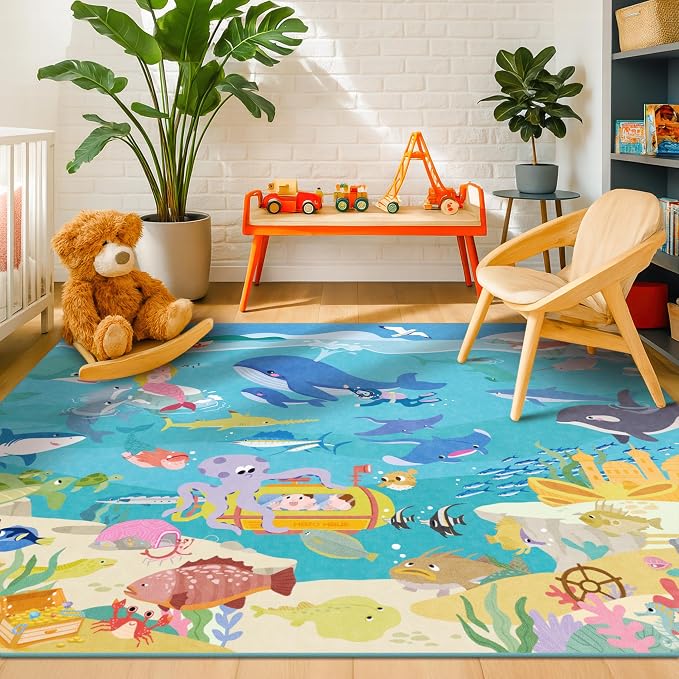 5x7 Ocean Rug for Kids Room – Large Area Rug with Beach Wave Whale & Mermaid, Washable Non Slip Learning Carpet for Toddlers, Bedroom or Playroom Décor
