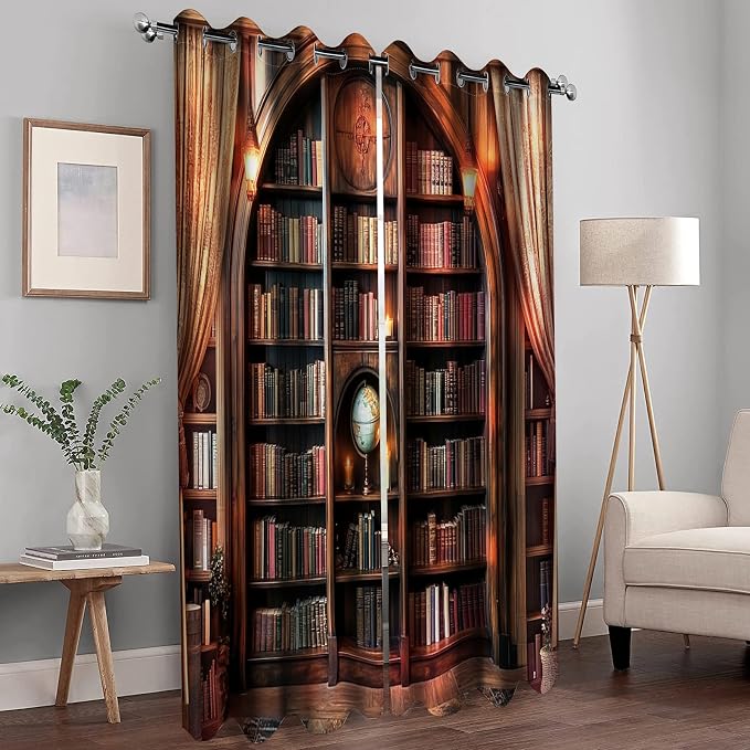 MissHope Vintage Bookshelf Blackout Curtains Book Bookcase Planet Decor for Bedroom Study Classroom Living Room Darkening Grommet Window Drapes 2 Panel Set, 42x63 Inch