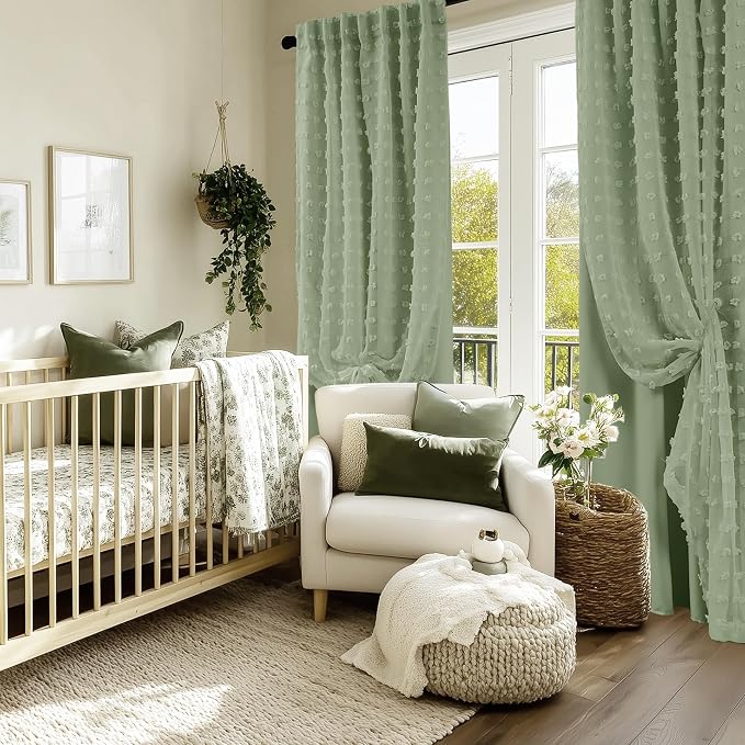 Lino Rosa Back Tab Pom Pom Sage Green Curtains for Girls Room Bedroom Bathroom Nursery Curtains Double Layer 34x45 Inch Length