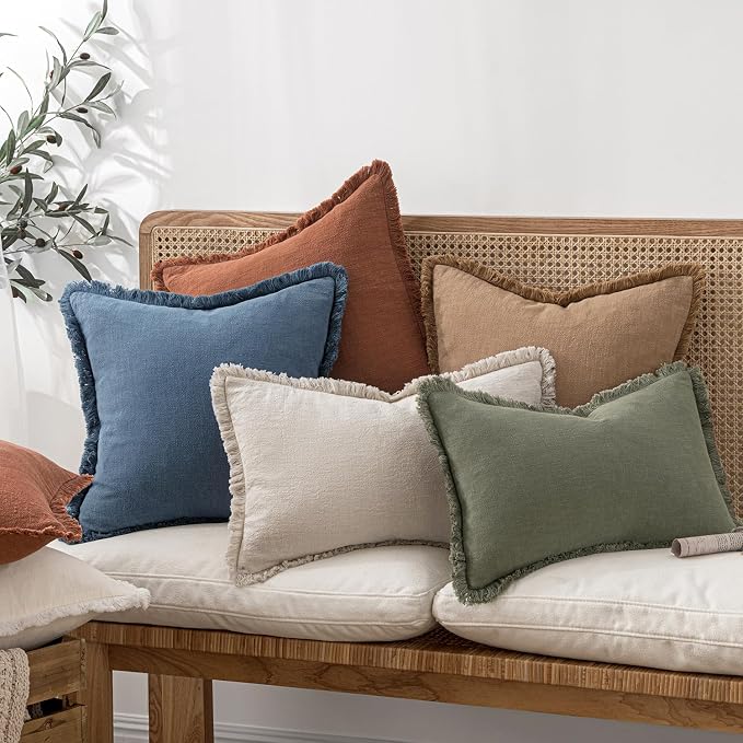 MIULEE Decorative Throw Pillow Covers Neutral Linen Fringe Throw Pillows Set of 2 Blue Ashes Boho Farmhouse Cushion Covers with Tassels for Couch Sofa Bed Home Spring Decor 16x16 Inch
