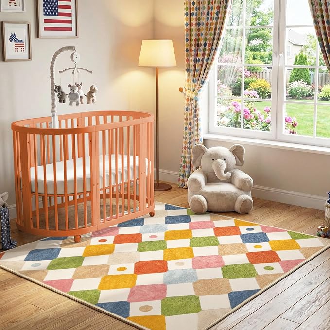 jinchan Macy Area Rug for Kids Room 5'x5' Square Rug Modern Colorful Nursery Rug Checkered Diamond Play Mat Washable Soft Non Slip Carpet for Playroom Bedroom Dorm Daycare Circus on Cream