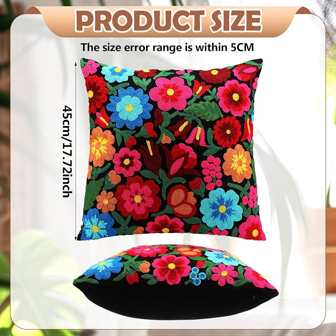 HunnmingRe Mexican Embroidered Throw Pillow with Insert 18 x 18 Inch Mexican Boho Embroidered Pillow Cover Decorative Fiesta Colorful Floral Cushion Decor for Sofa Living Room Couch Bedroom(Black)