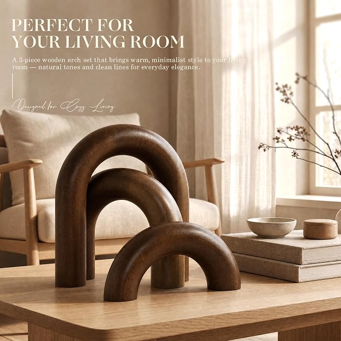 EOSAHR Acacia Wooden Arch Decor Set for Home Decor - 3-Piece Decorative Arch for Coffee Tables, Side Tables & TV Consoles -Minimalist Room Decorations for Home Office, Living Room, Bedroom (Acacia)