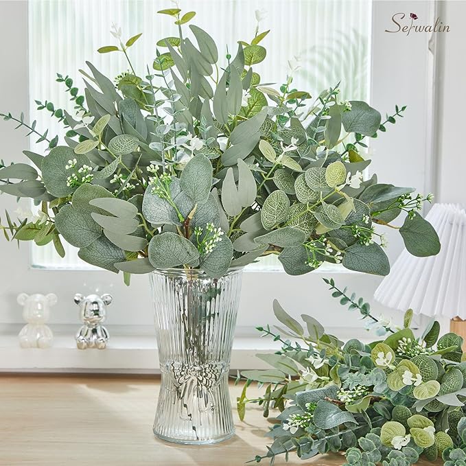 Serwalin 70pcs Artificial Mixed Eucalyptus Stems Leaves Bulk, 4Kinds Fake Greenery Silver Dollar Eucalyptus Leaves Picks,Faux Greenry Stems Sprays for DIY Bouquets Floral Arrangement Home Decor