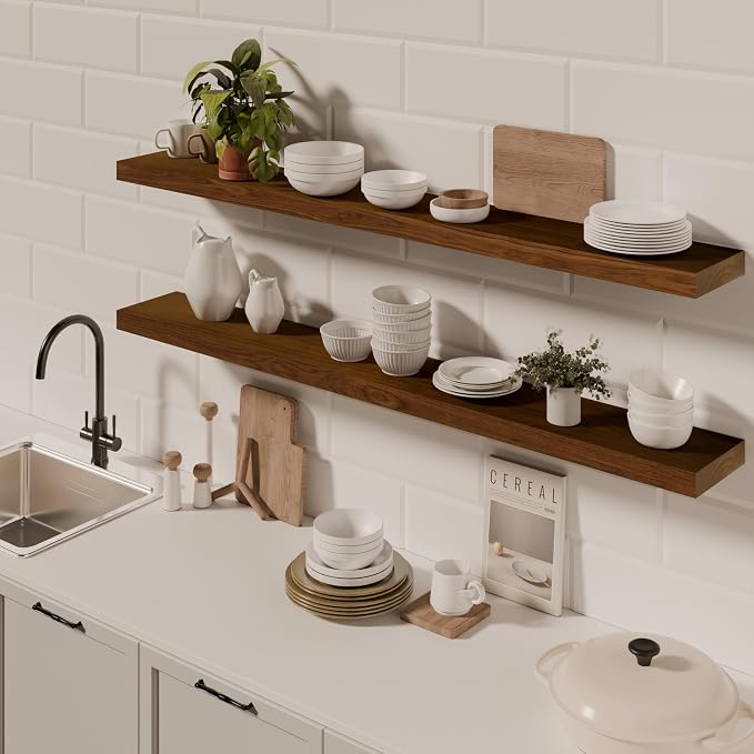 ROGMARS 60 Inches Long Walnut Floating Shelves | Rustic Solid Wood Farmhouse Wall Shelves with Invisible Brackets for Bathroom, Living Room, Bedroom, Kitchen Set of 2