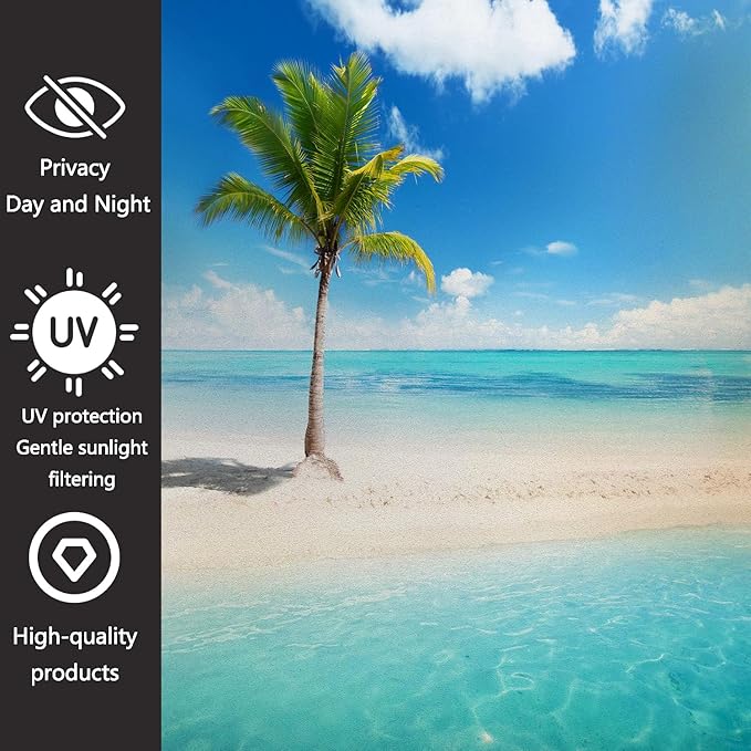Decorative Window Privacy Film, Heat Control Sun Blocking UV Protection, Ocean Beach Design Static Cling, Non Adhesive Windows Tint for Home Kitchen Office 60x60cm/23.6x23.6in