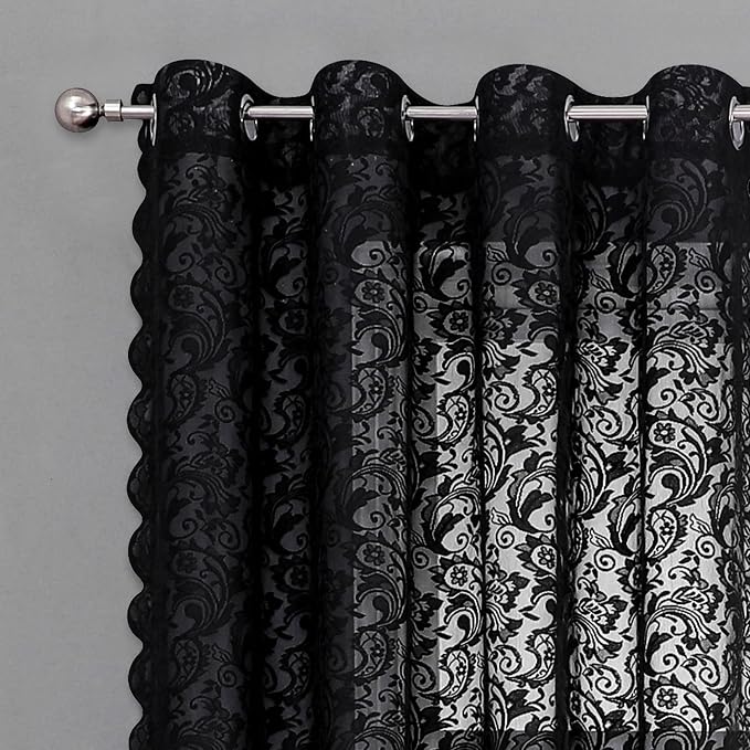 Bujasso Black Lace Sheer Curtains 102 inch Vintage Floral Sheer Window Curtain Panels for Living Room Bedroom Luxury Light Filtering Drapes Black Window Treatment Sets Rod Pocket 2 Panels 54" Wx102 L
