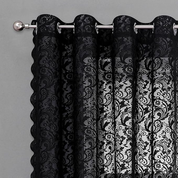 Bujasso Black Lace Sheer Curtains Vintage Floral Sheer Window Curtain Panels for Living Room Bedroom Luxury Light Filtering Drapes Black Window Treatment Sets Grommet Top 2 Panels 54" Wx95 L