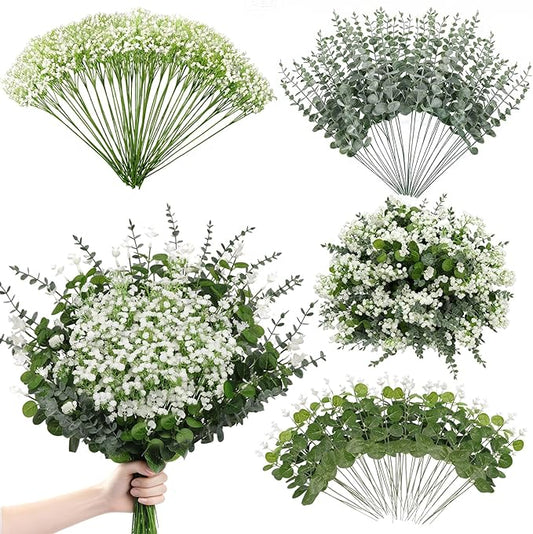 110pcs Mixed Faux Greenery: Real Touch Babys Breath Artificial Flowers Bulk, Eucalyptus Stems & Frosted Silver Dollar for Rustic Wedding Decor, Boho Farmhouse Table Centerpieces