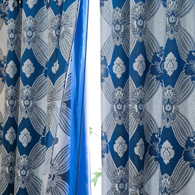 Petrichor Elegant Curtains with Gold Silver Threads 2 Panels Set - Luxury Window Treatment Attached Valance, Sheer Backing, and 2 Tie Backs for Bedroom and Living Room, 54x95 inches, Navy