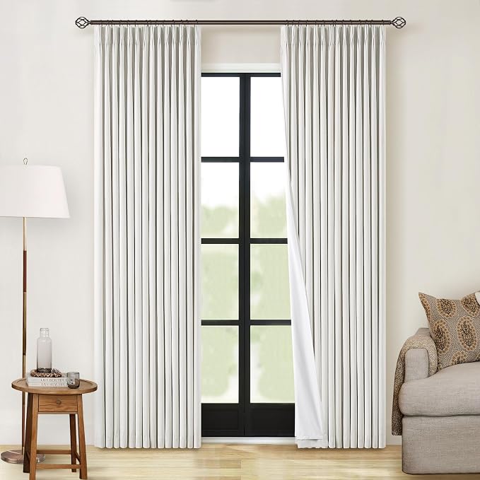 Off White Pinch Pleated Linen Blackout Curtains 80 Inch Length 2 Panels Thermal Insulated Full Blackout Dual Layer Drapes for Bedroom Living Room Darkening Pinch Pleat Curtains Hooks Rings 40x80
