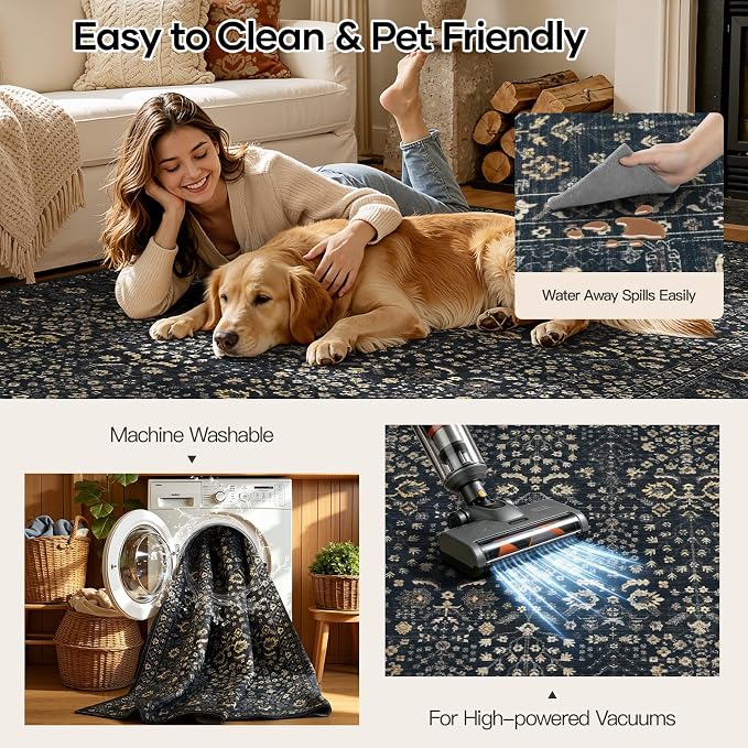 Lofus 9x12 Large Black Area Rug for Living Room & Bedroom Washable Non-Slip | Soft Boho Vintage Area Rugs for Bedroom Dinning Room Home Office Indoor