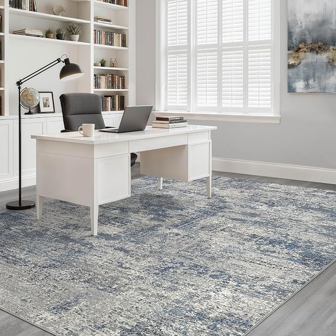 7x9 Area Rug Living Room: Washable Large Neutral Rug Abstract Soft Modern Stain Resistant Indoor Floor Non-Slip Carpet for Bedroom Nursery Kids Office Playroom Dining Room Under Table- Blue Gray