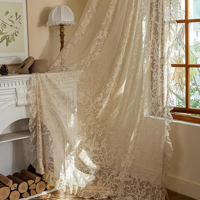 TUDECO Beige Boho Curtains 8 Foot - Cottage Translucen Lace Curtains for Living Room Bedroom, Pretty Chic Floral Ruffle Light Filtering Privacy Window Decor, 59 x 96 Inch, Light Beige