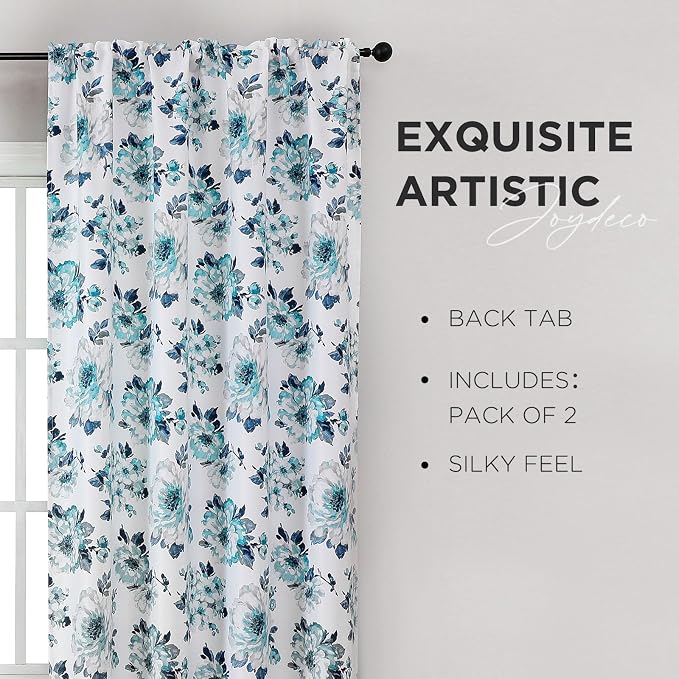 Joydeco Printed Curtains 96 inches Long,Blue Floral Blackout Curtains for Living Room 2 Panels,52 x 96 inch Rod Pocket Thermal Insulated Bohemian Drapes for Farmhouse,Bedroom,White