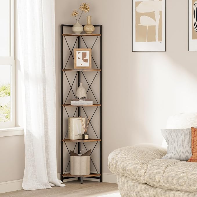 5 Tier Corner Shelf Stand, 64" H Tall Industrial Corner Bookshelf for Living Room Decor, Metal Corner Shelf, Plant Stand Display Shelf for Bedroom, Bathroom, Small Space, Rustic Brown