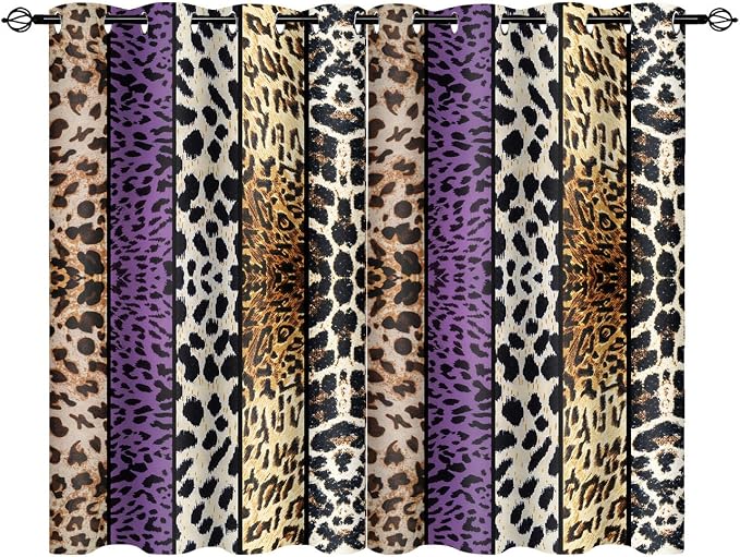 Wild Animal Print Curtain, Room Darkening Thermal Insulated Blackout Leopard Boa Window Drapes with Grommets for Living, Dining, Bedroom, Purple Leopard Print, 52"x 60", 2 Panels