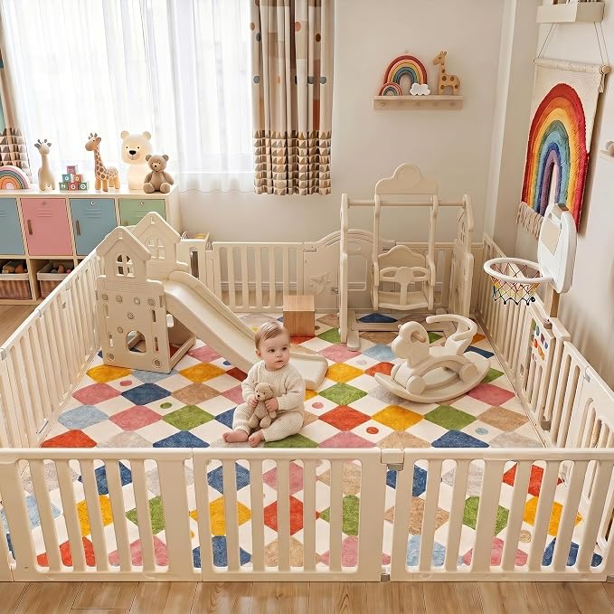 jinchan Macy Kids Area Rug for Classroom 8'x8' Square Rug Modern Colorful Nursery Rug Checkered Diamond Play Mat Washable Soft Non Slip Carpet for Playroom Living Room Bedroom Daycare Circus on Cream