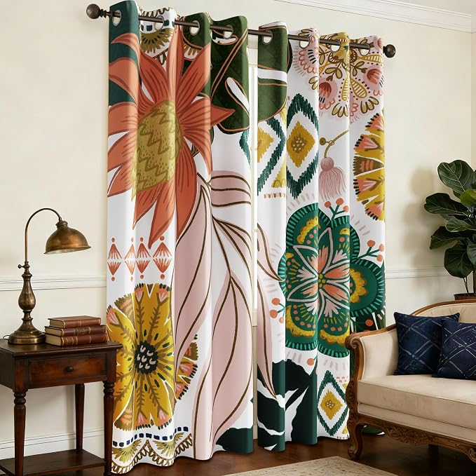 Tyrot White Boho Floral 100% Blackout Curtains for Living Room 63 inch Long 2 Panels Mid Century Botanical Black Out Curtains for Bedroom Grommet Thermal Insulated Room Darkening Window Drapes,52Wx63L