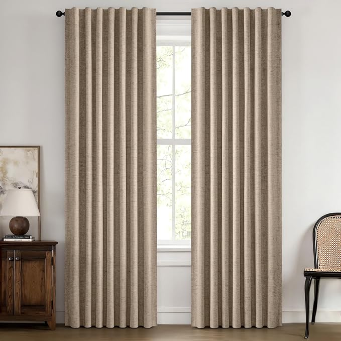MIULEE 100% Blackout Linen Curtains for Bedroom, Brown Solid Luxury Decor Thermal Insulation Room Darkening Drapes for Living Room Back Tab Rod Pocket 42 x 90 Inches, 2 Panels
