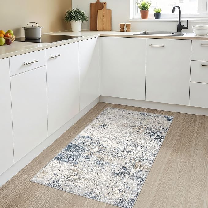 DMOYEST Washable Area Rug: 3x5 ft Abstract Small Rugs for Entryway Kitchen Living Room Bedroom - Non Slip Modern Neutral Carpet Indoor Front Door - Beige Blue