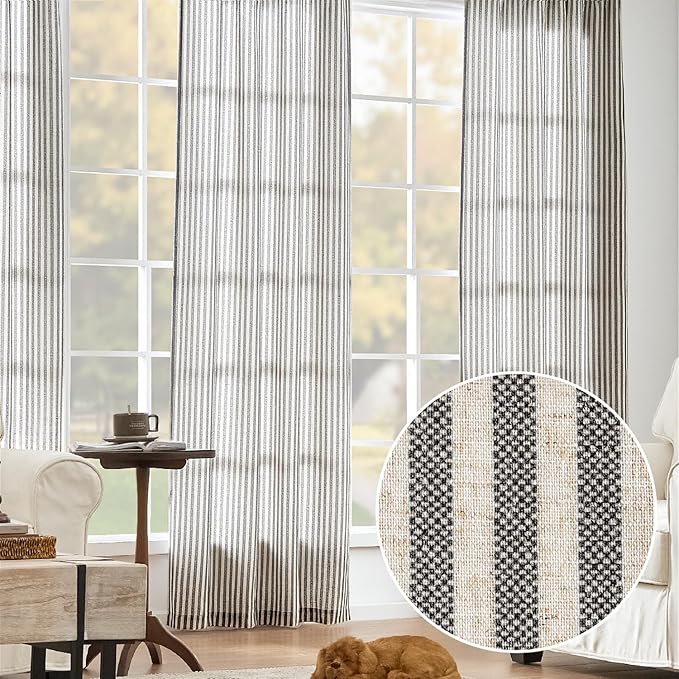 jinchan Linen Curtains 63 Inch Black Stripe on Beige Back Tab 2 Panels | Curtains For Living Room Bedroom,Ticking Stripe, Farmhouse Cottage Core Rustic,Rod Pocket Window Treatment,Light Filtering