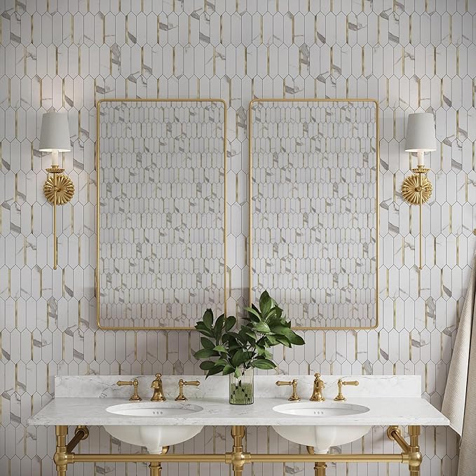 KASARO Peel and Stick Backsplash Long Hexagon Wall Tile, 10-Pieces PVC Self Adhesive Mosaic Tiles, Marble White with Vintage Gold Stripes Decorative for Kitchen, Bathroom and Fireplace