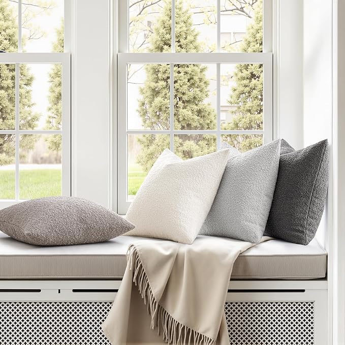 MIULEE Pack of 4 Decorative Textured Boucle Throw Pillow Covers | 18x18 Inch Neutral Grey Accent Pillow Cases Couch Cushion Covers for Modern Farmhouse Boho Sofa Bed Livingroom Home Decor