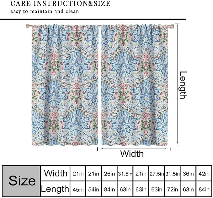 William Morris Floral Blackout Window Curtains, Watercolor Vintage Flower Art Style Printed Window Drapes, for Living Room Bedroom 42(W)*84(L) 2 Panels