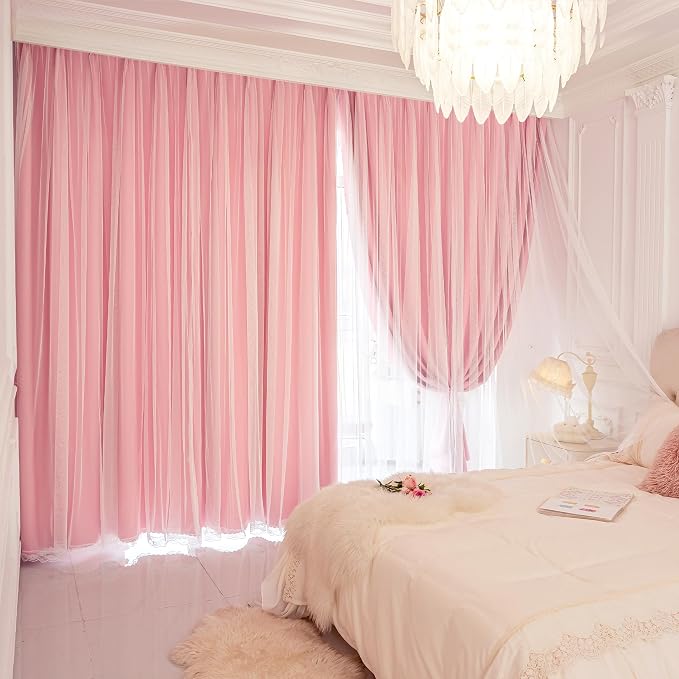 XiDi Pink Blackout Curtains with Sheer Overlay for Girls Kids Bedroom 96 Inches Long Princess Nursery Pink Lace Double Layer Curtains Thermal Insulated Room Darkening Grommet Drapes 2 Panels W34xL96