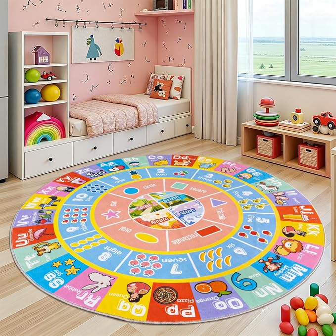 Kids Rugs for Playroom - Soft & Non-Slip 6x6 Feet Round Educational Rug for Learning ABC Alphabet, Numbers, Shapes & Season, Washable Classroom Rug for Bedroom Nursery & Kids Room Decor