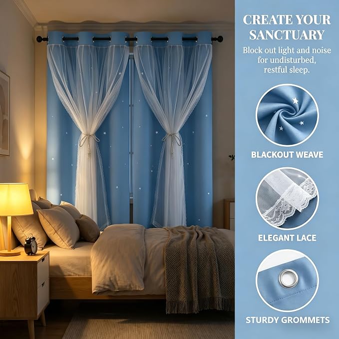 Kids Blackout Curtains for Bedroom/Living Room/Classroom, Sheer Overlay 2 Free Tiebacks, Double Layer Curtains with Star Cutout for Kids Room(Each Piece W 70 x L 84 Inches 2 Pcs Sky Blue)