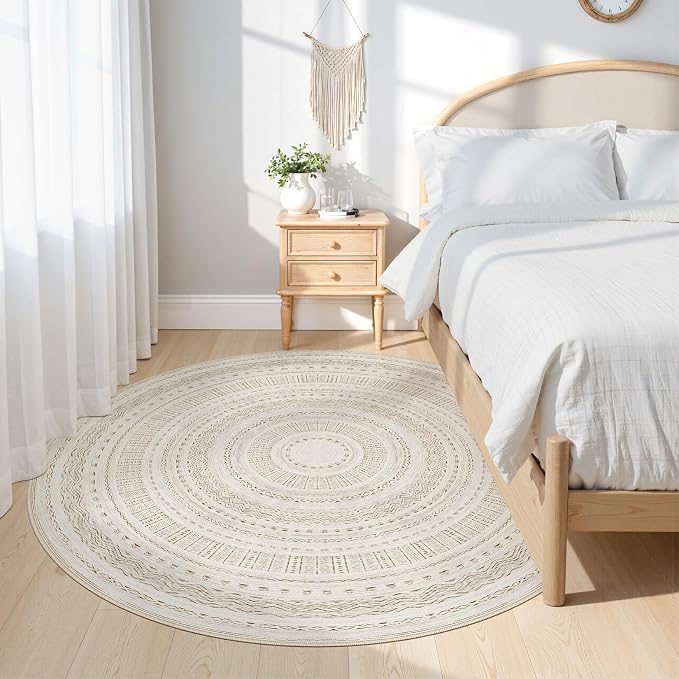 cotiled 6x6 Round Area Rugs Living Room Rug: Washable Boho Rugs with Non Slip Backing Large Soft Indoor Stain Resistant Carpet for Bedroom Farmhouse Dining Room Lightweight Home Decor Brown/Cream