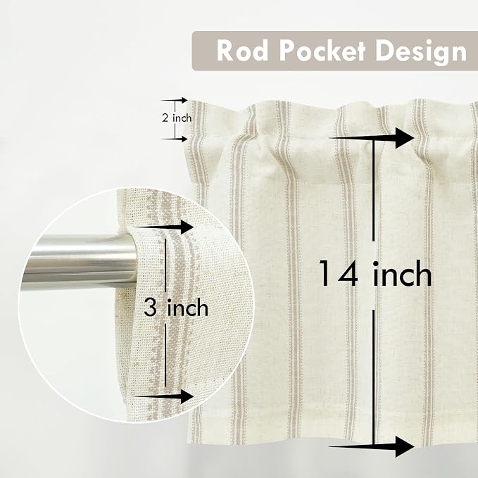 DriftAway Farmhouse Linen Lined Valance 2 Layer Thermal Insulated Room Darkening Blackout Window Valances Rod Pocket Vertical Striped Kitchen Valance for Bathroom Single 52 x 14 Inch Camel Beige